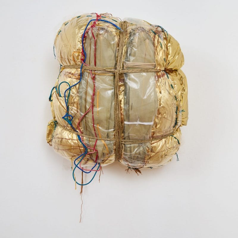 Seme, 2021
Textile sculpture with plastic, gold and bamboo leaves
31 1/2 × 27 3/5 in
80 × 70 cm