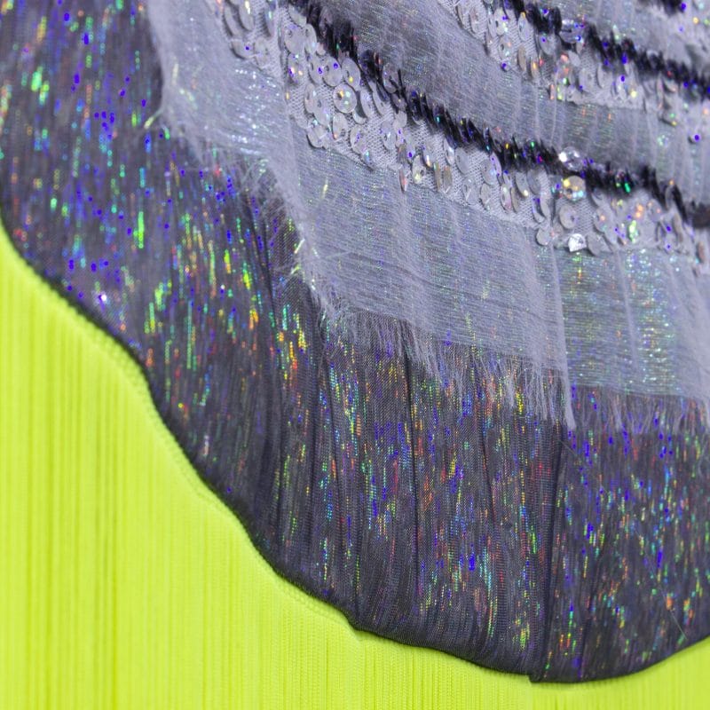 Staying Out The Time-detail, 2019. 42” x 30”. Fabric, sequins, fringe, yarn. Photo by John Whitten, copyright Andrea Alonge
