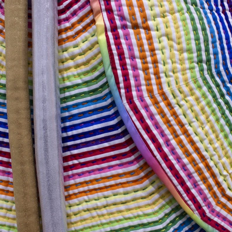 What Goes Around-detail, 2018. 64” x 46”. Cotton, batting, embroidery floss, piping cord, spandex. Photo by John Whitten, copyright Andrea Alonge