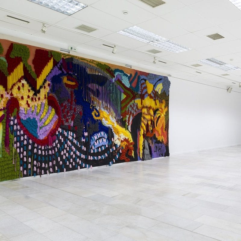 Maro Fasouli. Untitled, 2020, 700x300 cm. cloth, spray, pastel, thread. Private collection