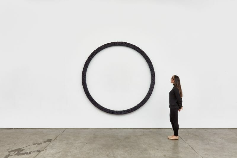 Manish Nai, Untilled, 2018, Dyed compressed Jute and wood, 84” diameter X 4” inch, Courtesy: Richard Taittinger- Form and Void.