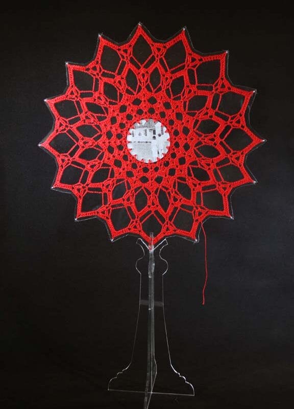 Monstrance, 10” wide x 14” tall, crocheted cotton thread and laser-cut acrylic, 2019