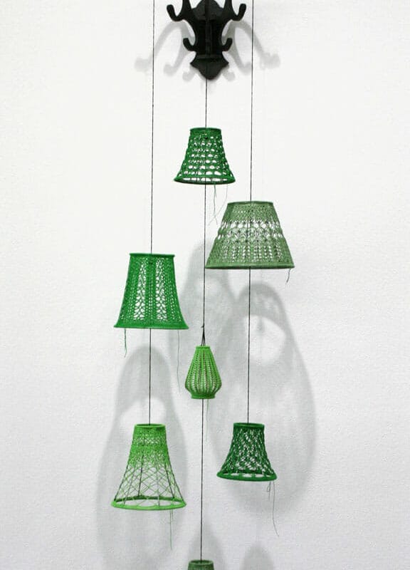 Arsenic Green, crochet thread, lampshade frames, wood, 8’ tall x 3’ wide x 2’ deep, 
2018