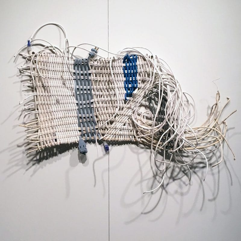 UNO, 2016, 2’9" X 1’10” X 4”. Electronic Wire weaving that focus on using monochrome colors. Photo cr. Melissa Haimowitz Clouse, copyright Peter Clouse