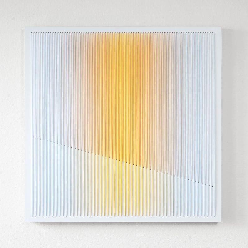 White Daisy, 2019, thread and acrylic on wood panel, 36” x 36” copyright Bumin Kim