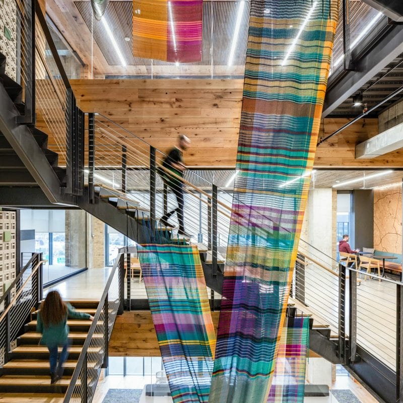 Weight in a Field of Color 2, 210 ft handwoven cotton and metal ball chain, San Antonio TX, 2021. Photo cr. Impressive Spaces Photography, copyright Crystal Gregory