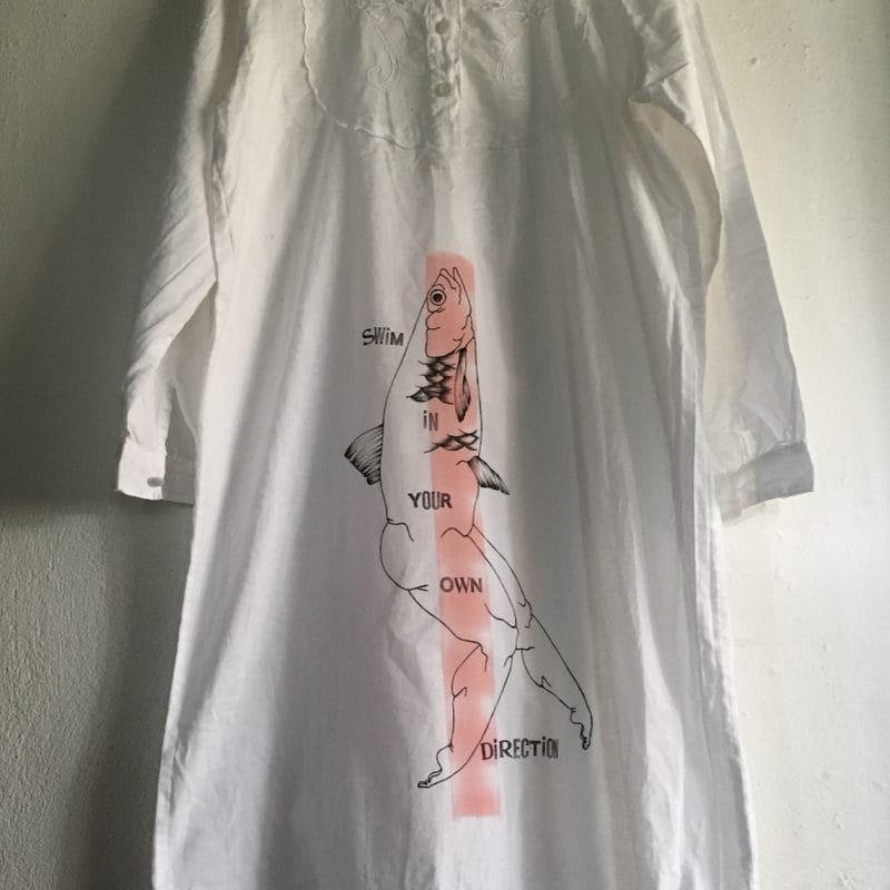 SWIM IN YOUR OWN DIRECTION_nightshirt from Corrèdo_designed and hand-printed with ink for fabric_2020