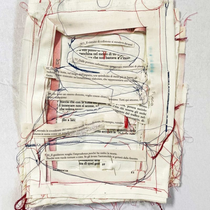 Federica Patera+Andrea Sbra Perego. Autodisastro, concettuale, stampa a caldo su tela di cotone cucita, spilli. 35 x 28 cm, 2021