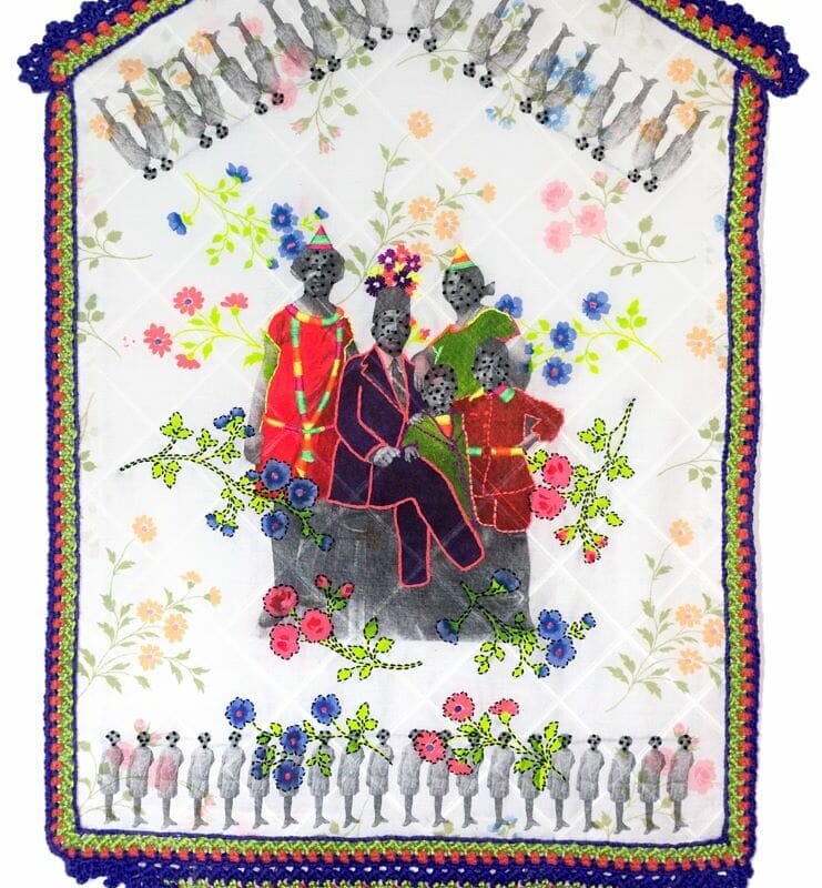 Untitled Easterners, solvent photo transfer, embroidery thread, yarn crochet, acrylic paint on bedsheet, 24” x 42”, 2019, copyright Hale Ekinci