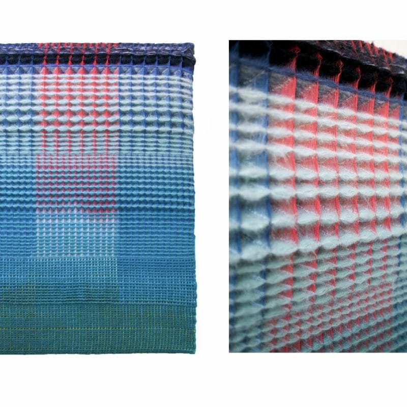 SWEET, 2021, 3D textile 28.5 W x 39 H x 2.5 D inch. Hand dyed cotton warp and gradient mohair thread weft. Made on a 24 Harness AVL Dobby Loom, copyright Anya Molyviatis
