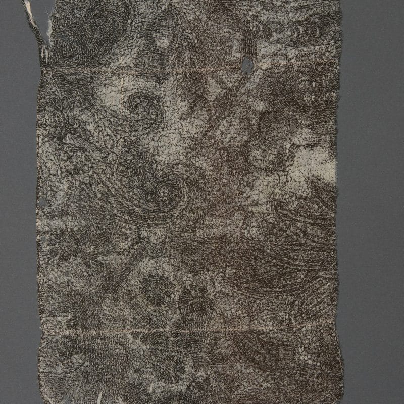Paisley Redux Chiffon,  2014.  11” x 9.5.”  Vintage silk chiffon garment fragment, photo-silkscreen.  Photo Credit: Polly Whitethorn, copyright Camilla Brent Pearce