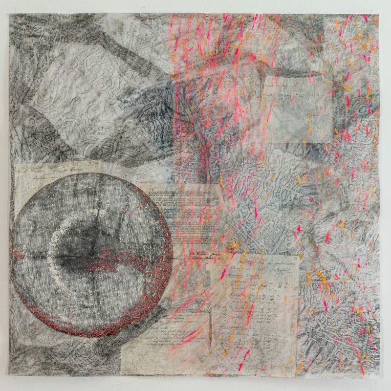 Traces in the wood, 100 x 100 cm, used sandpaper, old writing from 1936, chiffon, paper, frottage, hand embroidery, copyright Judith Mundwiler