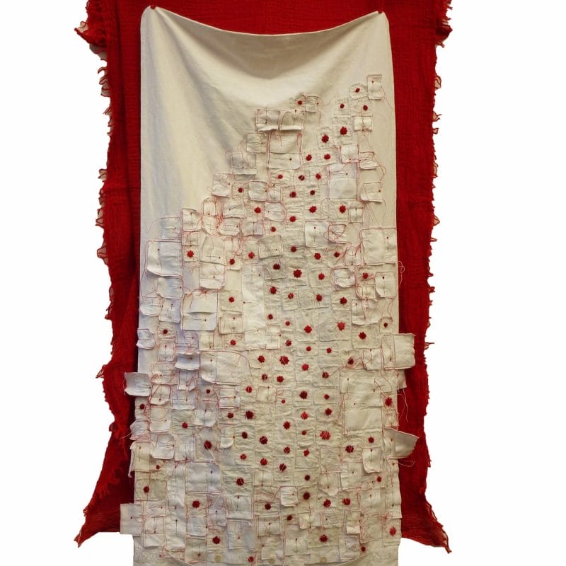 Trouble bag, 130 x 60 cm, waste bed sheets, sewn by machine and hand, copyright Pascale Goldenberg