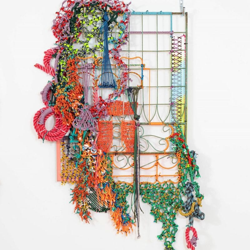 Architectural Hyperbole 02, assorted rope, zip ties, and other mixed media on metal and plastic armature, 65" x 42" x 6”, 2021. Photo credit: John Dooley, copyright Liz Miller