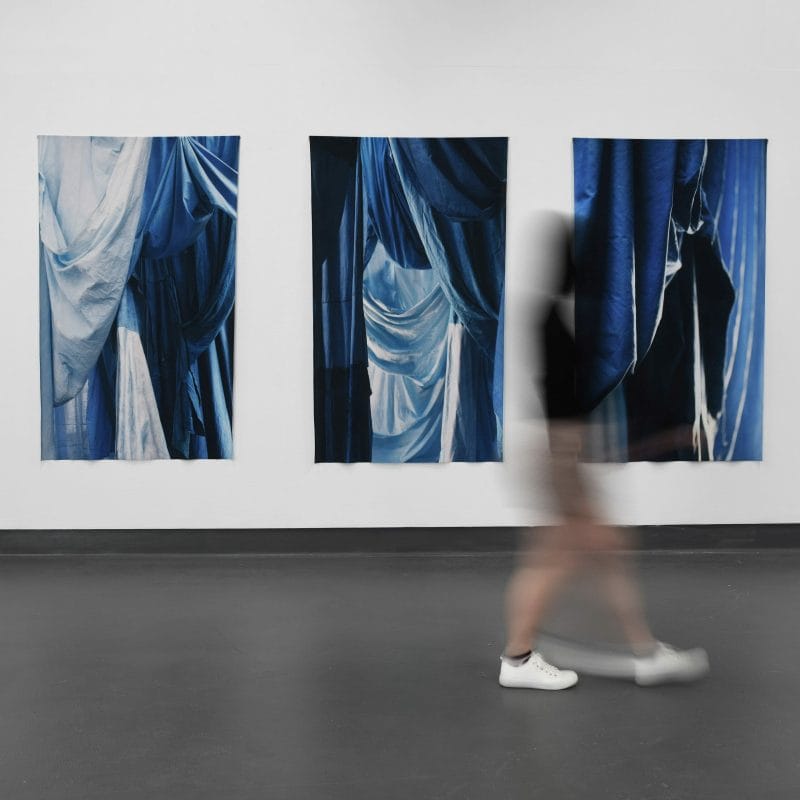 Enfolded Landscape #2, #7 and #6, 2020. Digital print of Indigo dyed, salvaged textiles printed onto remnant textiles, recycled timber support, 100cm (w) x 150cm (h), ph.cr. and copyright Rachael Wellisch
