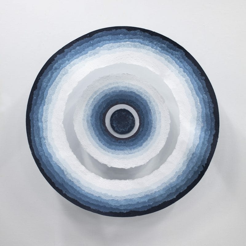 Softest Hard #8, 2022, hand-made paper, from indigo dyed, salvaged textile waste – cotton jersey t-shirt offcuts, 136cm (h) x 136cm (w) x 50 (d)cm, ph.cr. and copyright Rachael Wellisch