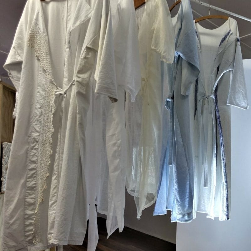Blood on Silk: The Uniform of the Patient, 2021, fabric and found objects, as installed at 
Cessnock Contemporary, Australia photo credit Alex Gooding