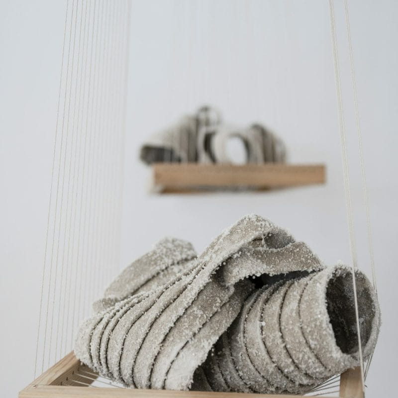 Entangled, in the bed that I made-work 4 detail, Contextile residency 2022, installation of 4 pieces, H44 x L21 x D30 cm each, linen, salt; ph. cr. Ivo Rainha, copyright Tina Marais Struthers