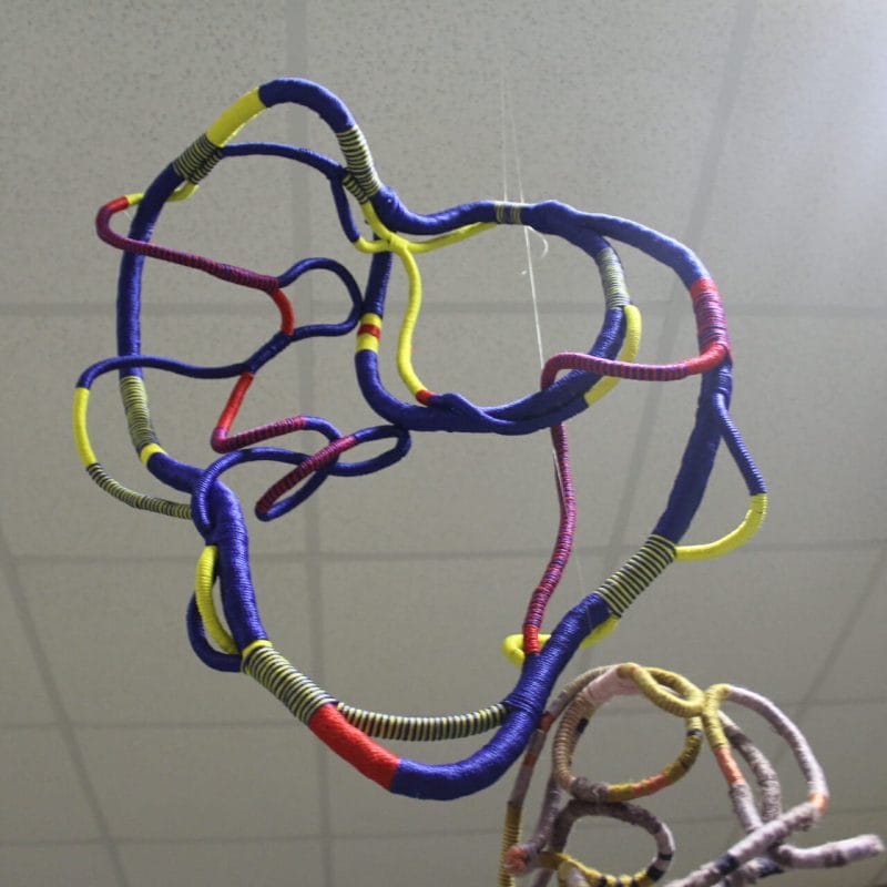 Tangled.  Year of manufacture: 2021 dimensions: variable technique: coiling (weaving off loom) materials: synthetic cord red blue yellow