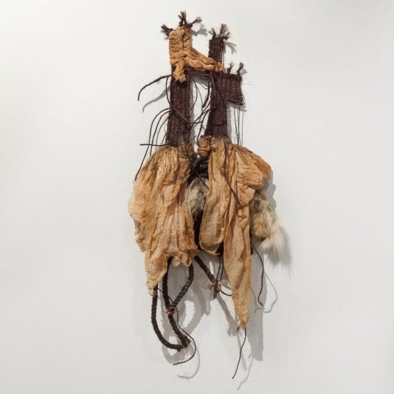 Remains of the Ephemeral I, hand-dyed cheesecloth and sisal, coyote fur and rubber latex, 2014. Photo credit: Thomas Blanchard, copyright Mary Grisey