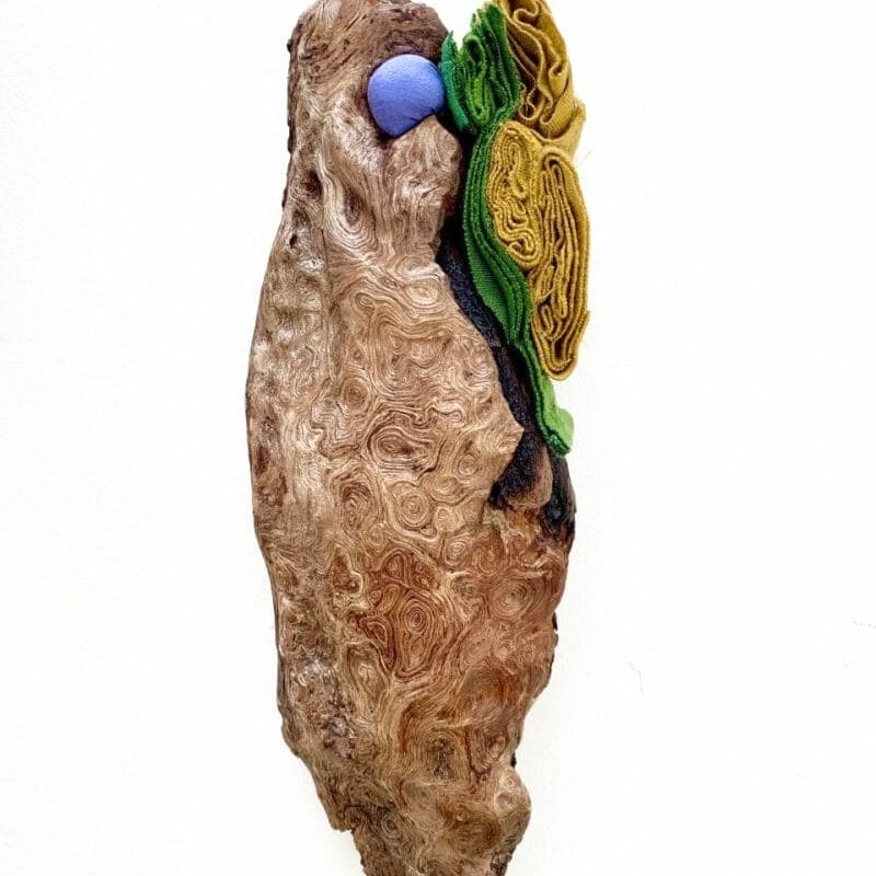 Lady, 2022, found wood, post-consumer clothing, 9.5” h x 3” w x 2” d, ph. cr. Sommer Roman, copyright Sommer Roman