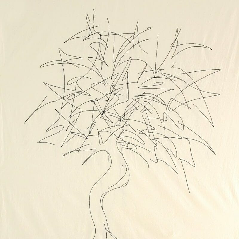 DANIELA PEREGO, Il mio albero, cm.230x180; albero stilizzato realizzato con filo di cotone nero su tela ecrù, come se fosse un disegno; anno 2022