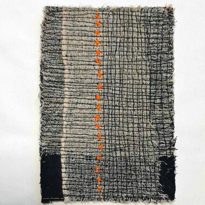 Winter note with orange dots 4 Textile collage and machine stitch, 10x15cm 2022