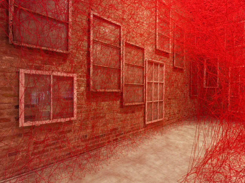 The Wall behind the Windows 2023. Chiharu Shiota. KOENIG GALERIE CHAPEL, exhibition view photo by Roman Maerz