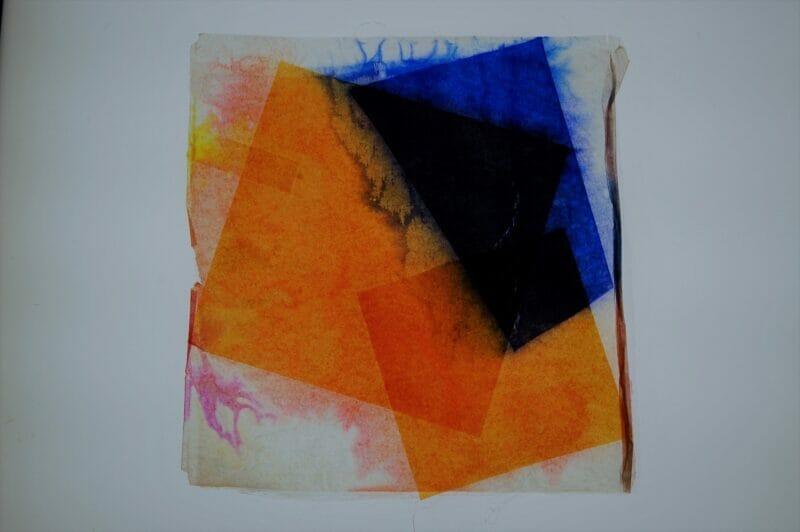 Michela Baldi, Arancio&blu. Collage, tissue paper on fabric  - cm 25x25 - 2017